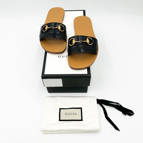 Gucci Varadero Fringe Sandals Horsebit Slides Black Size 37, 7 - Picture 1 of 15